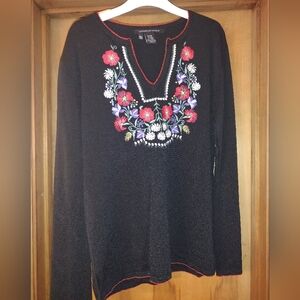 Michelle Nicole Long Sleeve Black Knit Top with Embroidery Size XL
